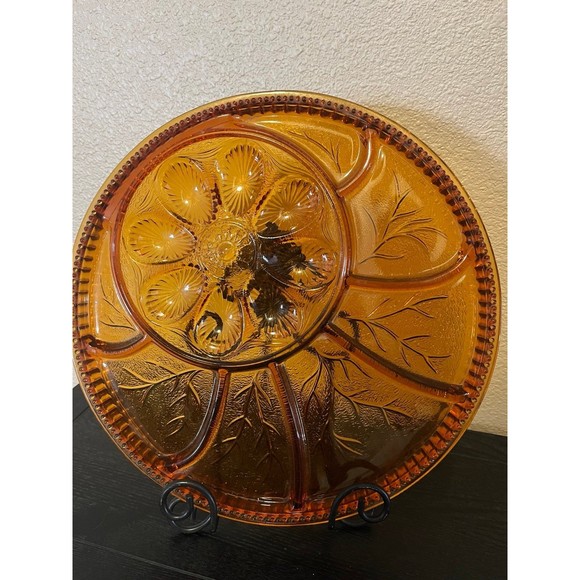 Vintage Amber Glass Deviled Egg & Relish Dish - Picture 2 of 7